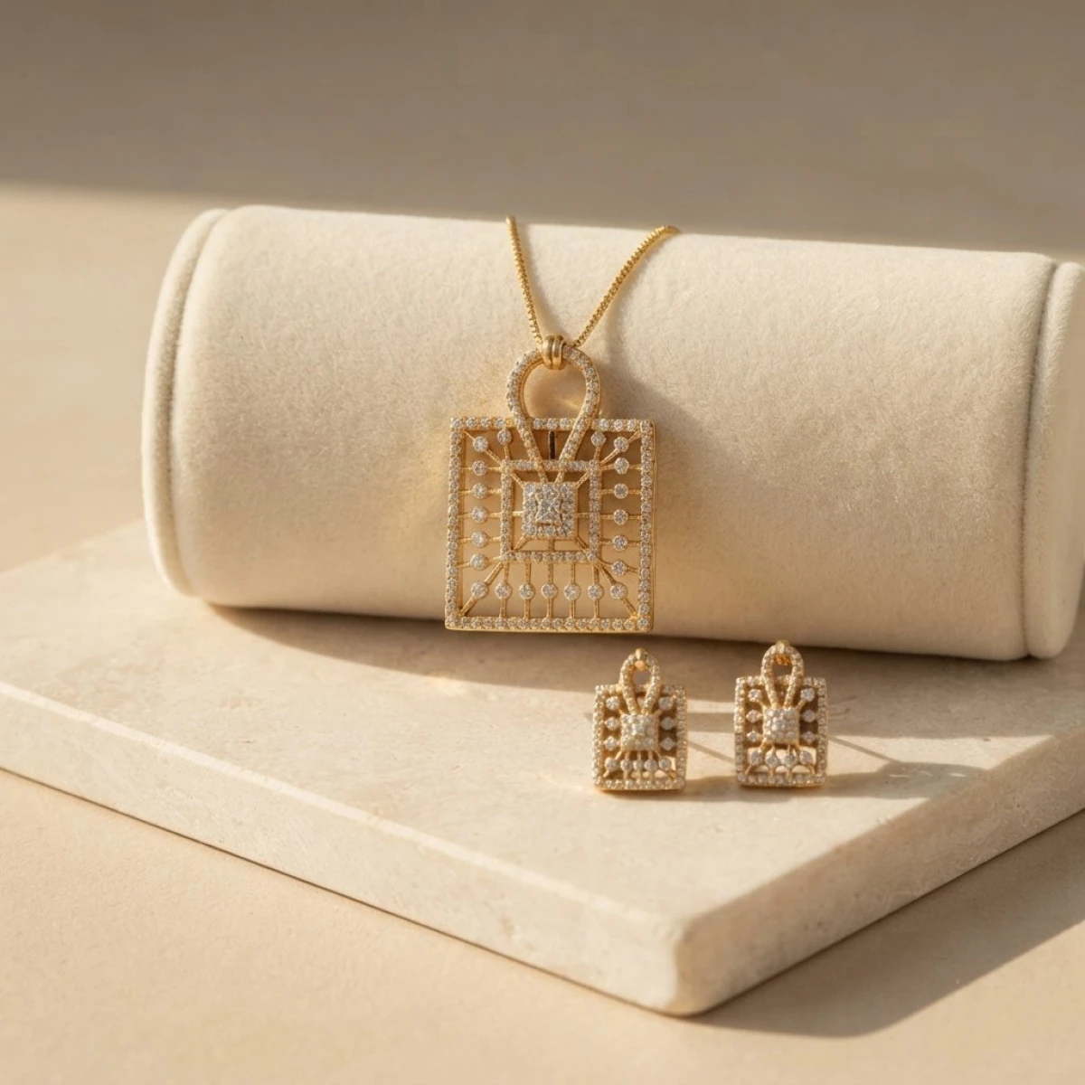 Diamond-Encrusted Gold Pendant & Stud Earring Set