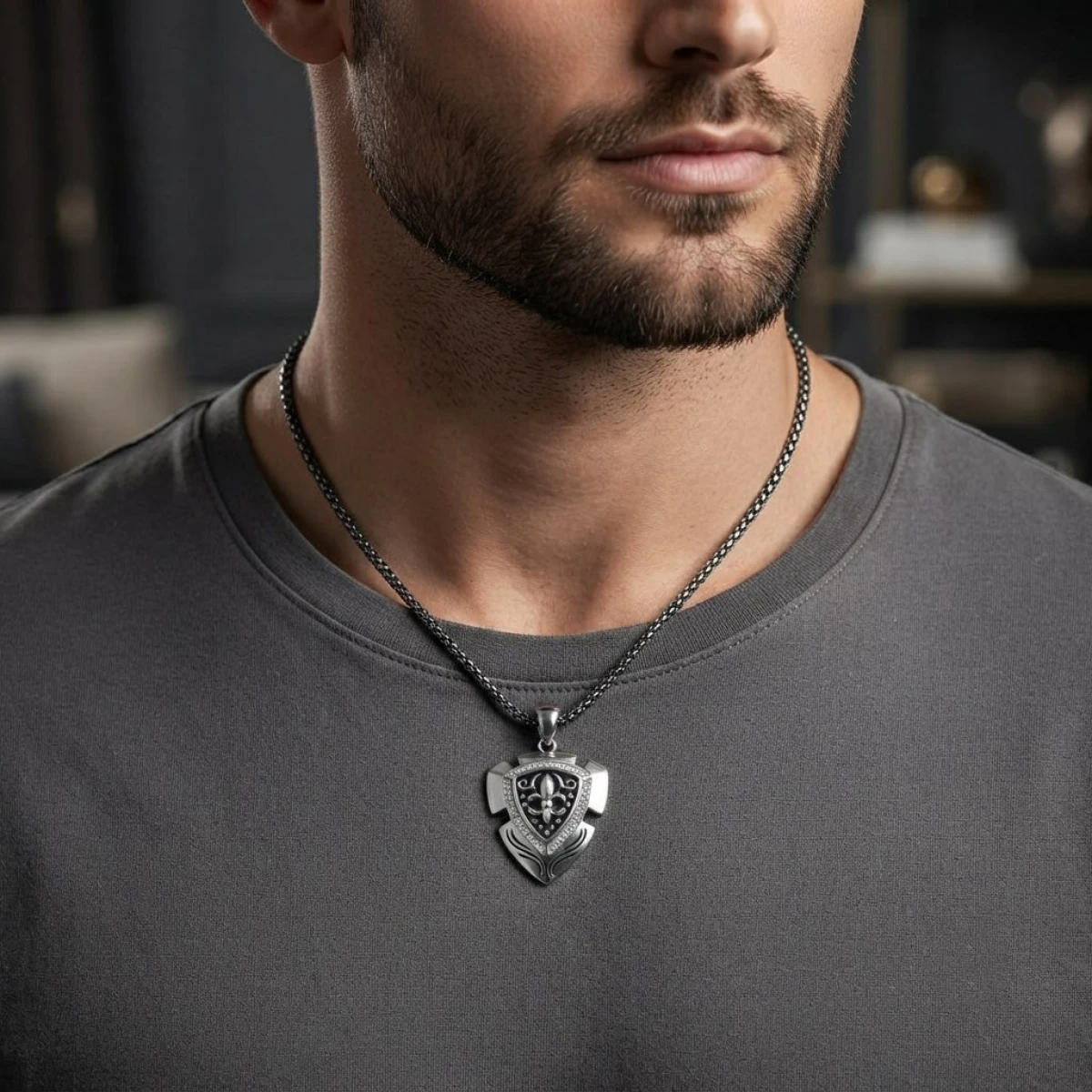 Men's Sterling Silver Fleur-de-Lis Shield Pave Pendant