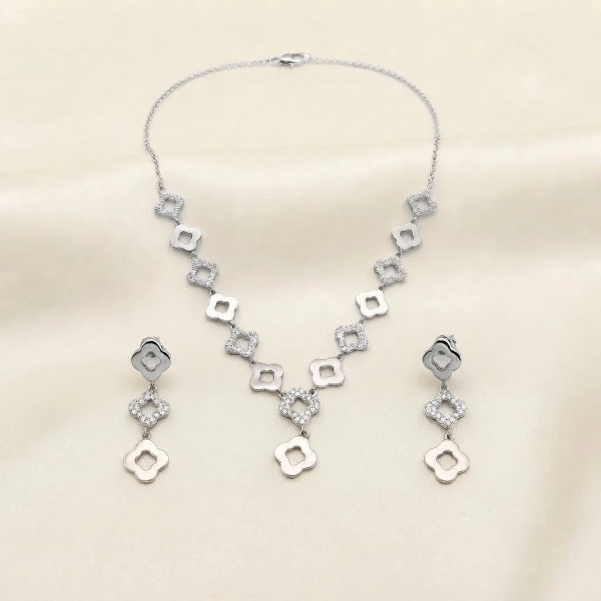 Silver Clover Necklace and Earrings Set