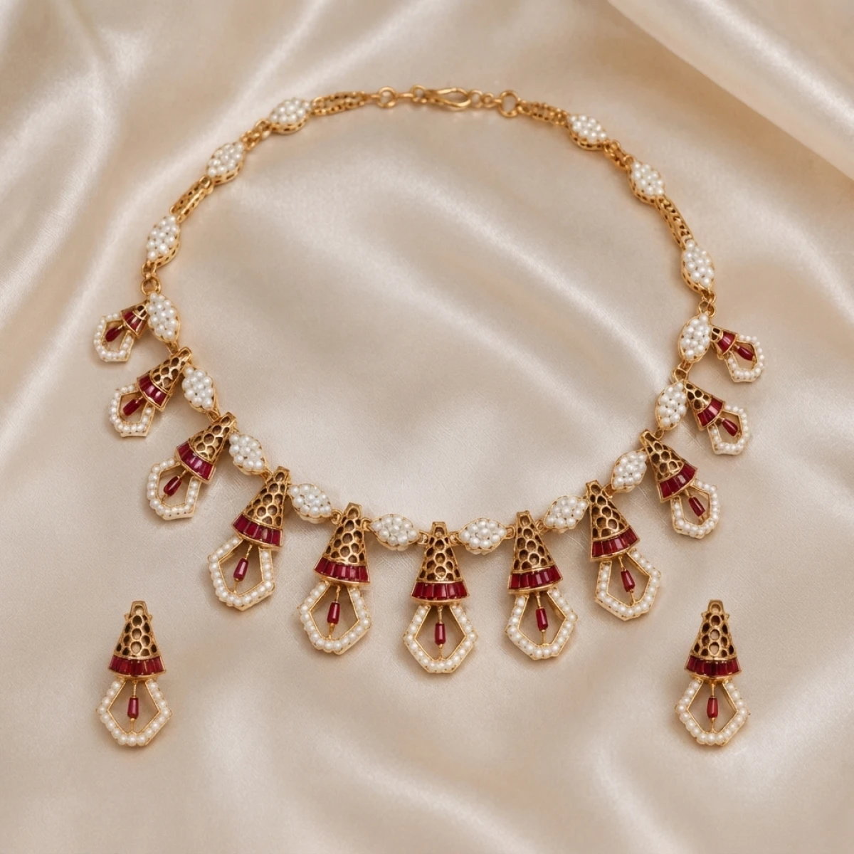 Gold Women’s Pearl & Red Stone Traditional Half Set