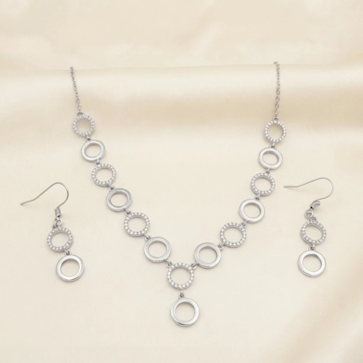 Silver Cubic Zirconia Circle Link Necklace and Earrings Set