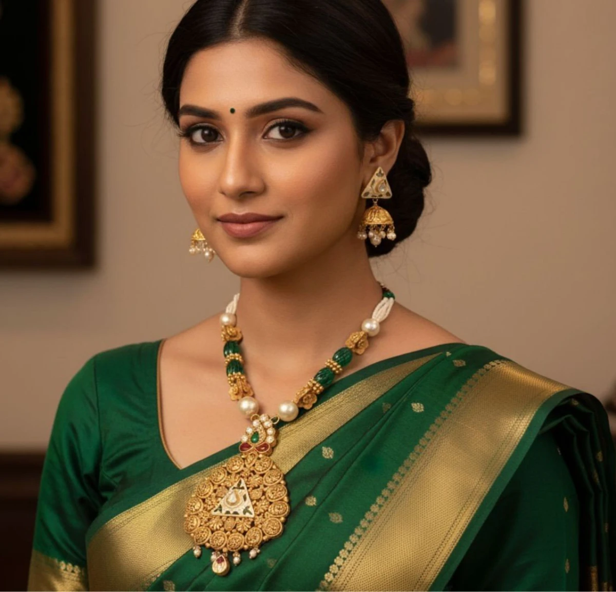 Traditional Gold Temple Pendant Necklace and Jhumka Set