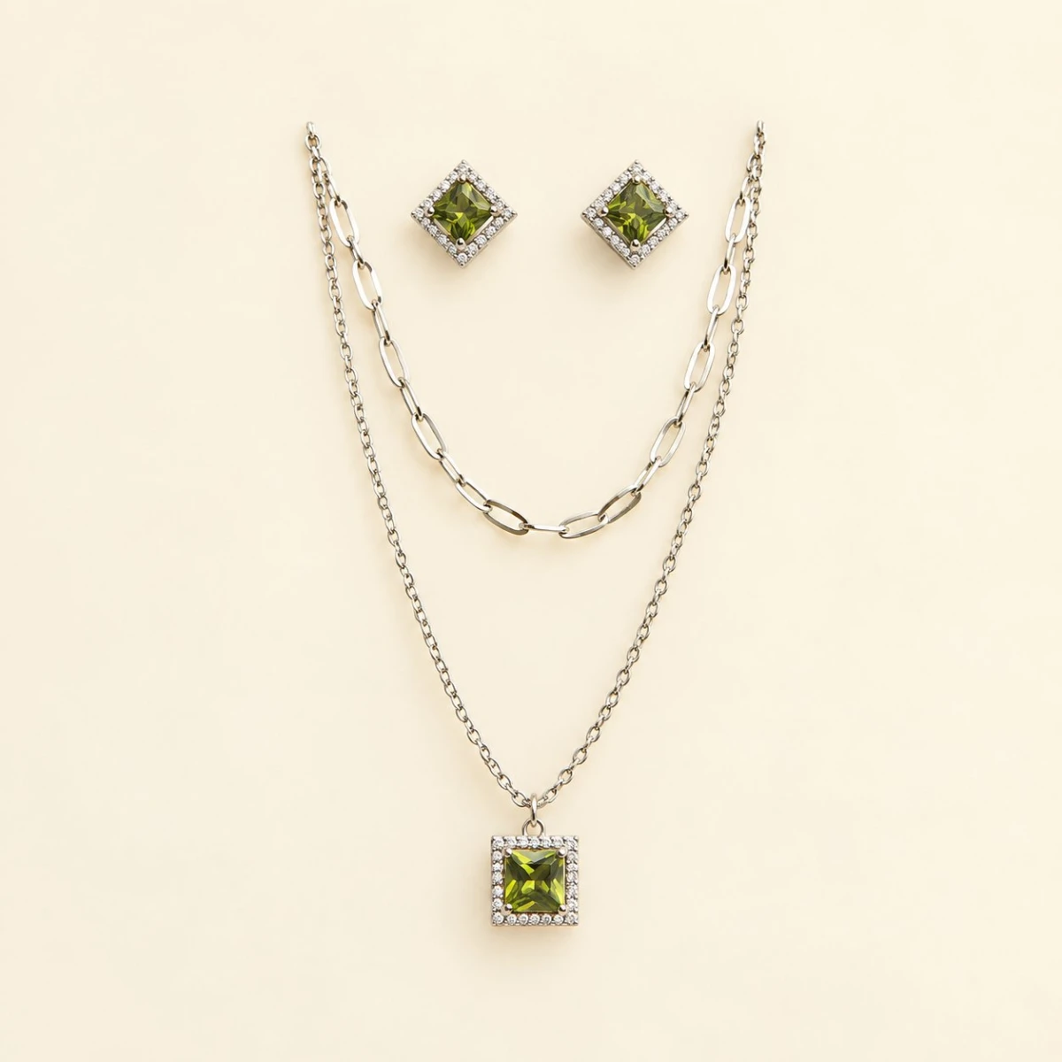 Silver Olive Green Crystal Square Pendant & Earrings Set