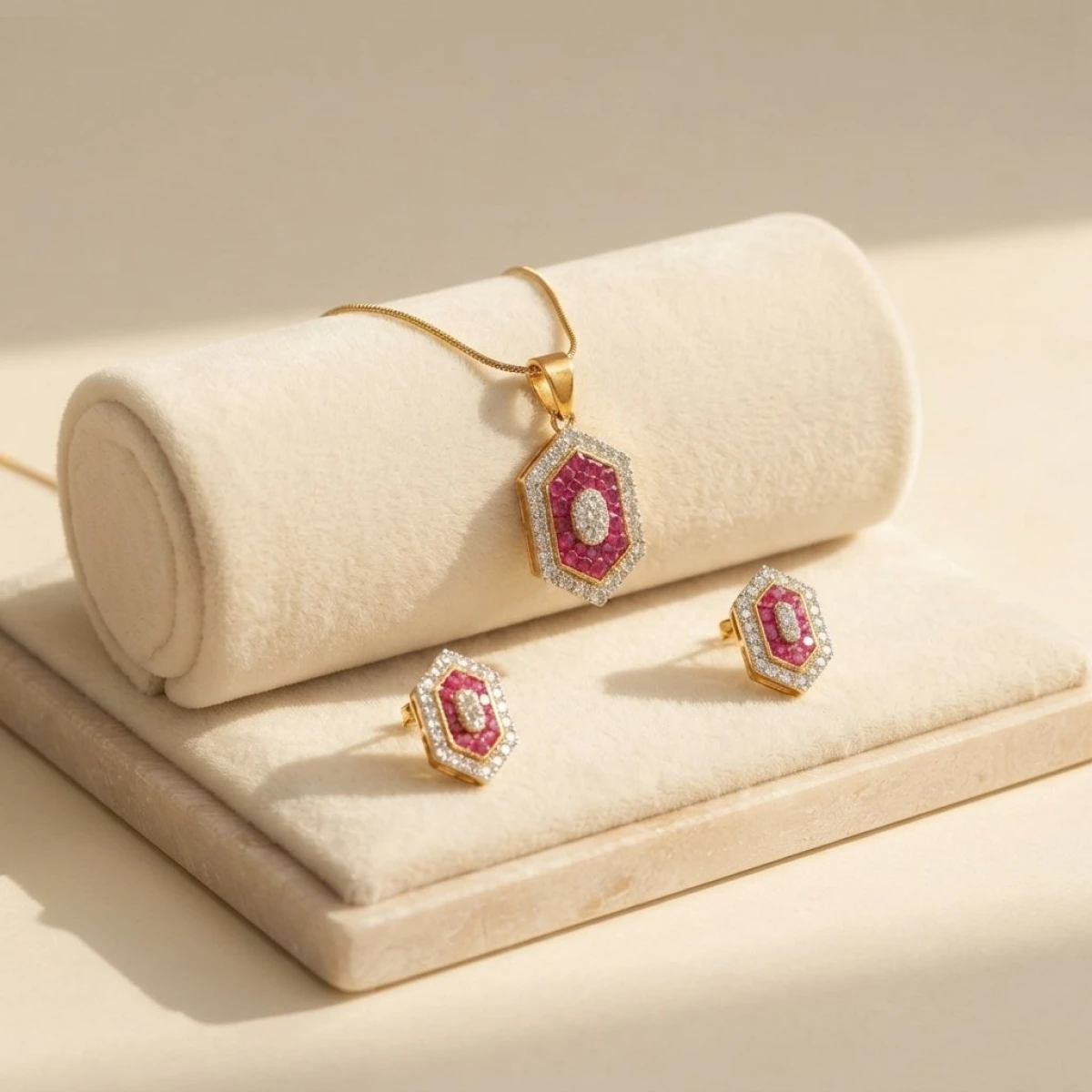 Ruby and Diamond Hexagon Pendant & Earring Set