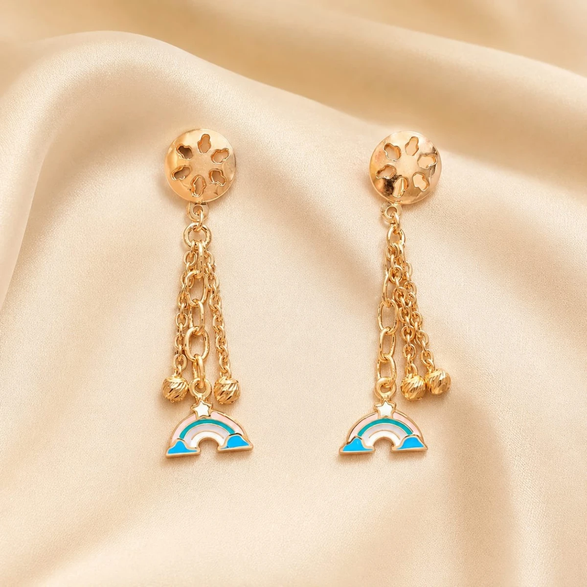Whimsical Rainbow and Multi-Chain Gold Drop Earrings