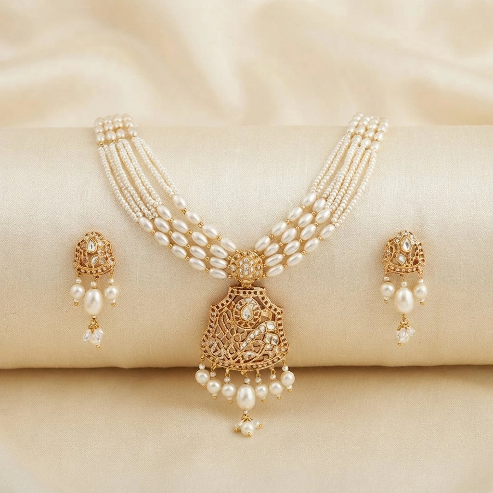 Traditional Multi-Strand Pearl Gold Necklace Set