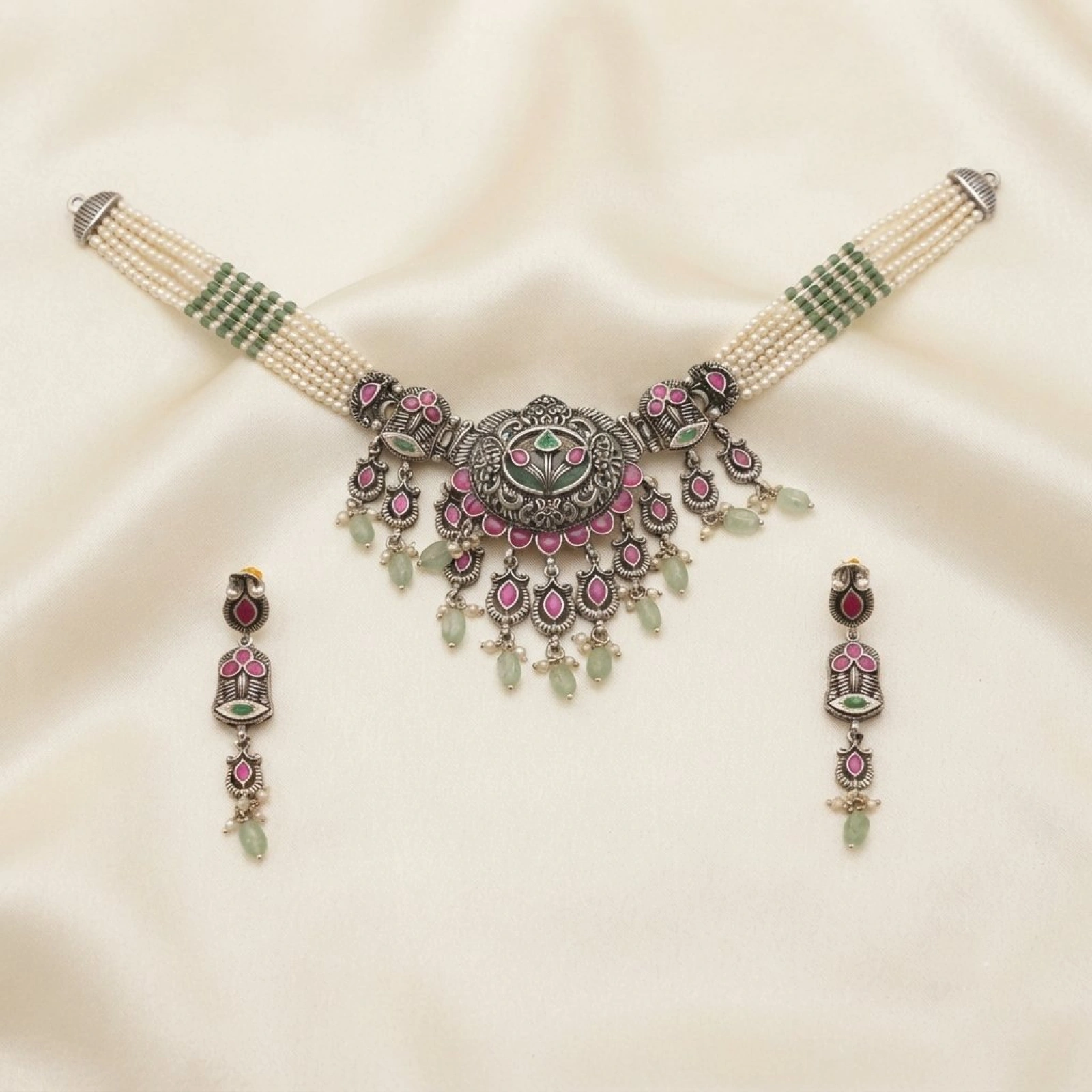 Oxidized Silver Pink & Green Stone Choker Set with Pearl Strands
