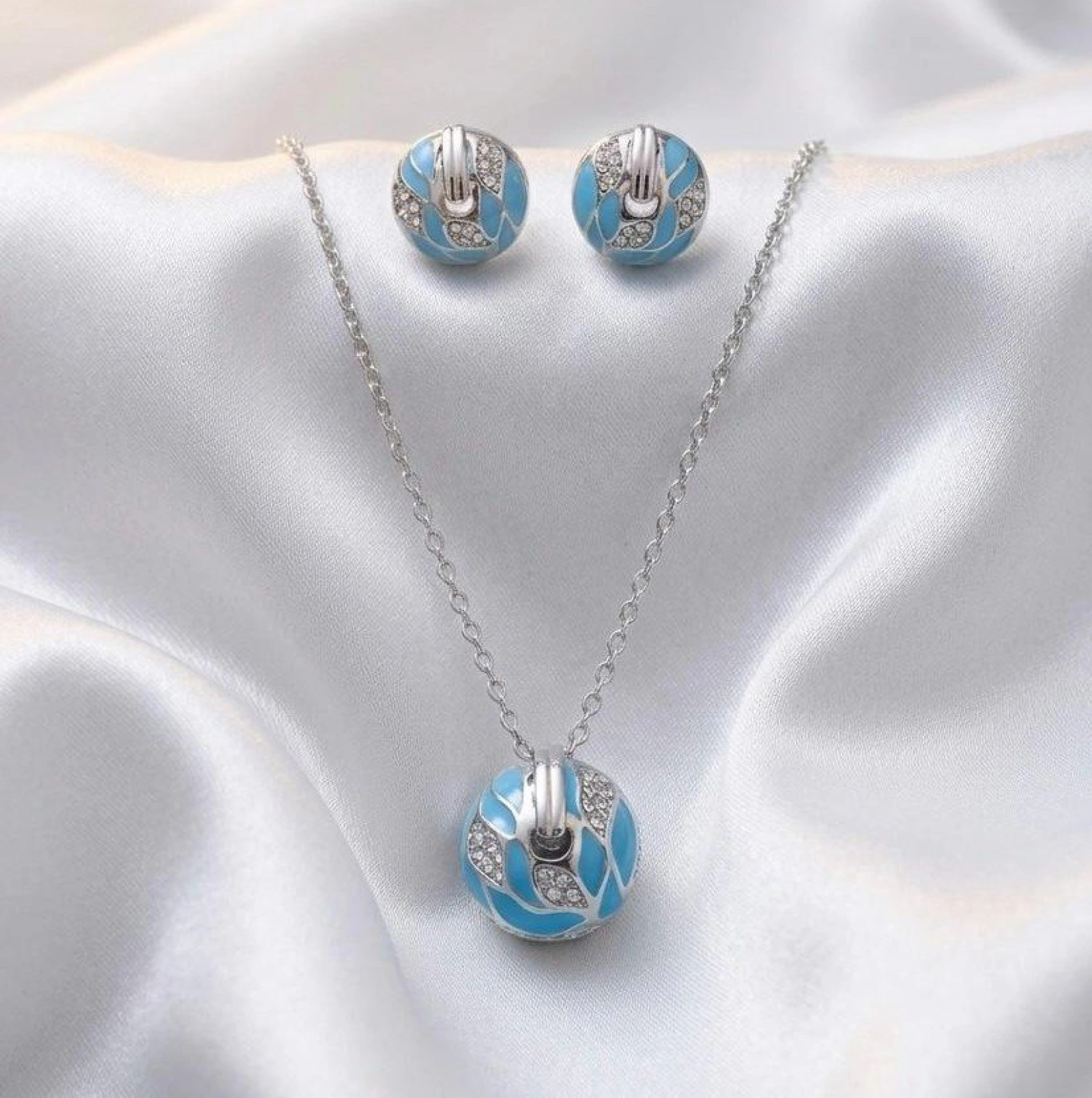 Silver Blue Enamel & Pavé Sphere Jewelry Set