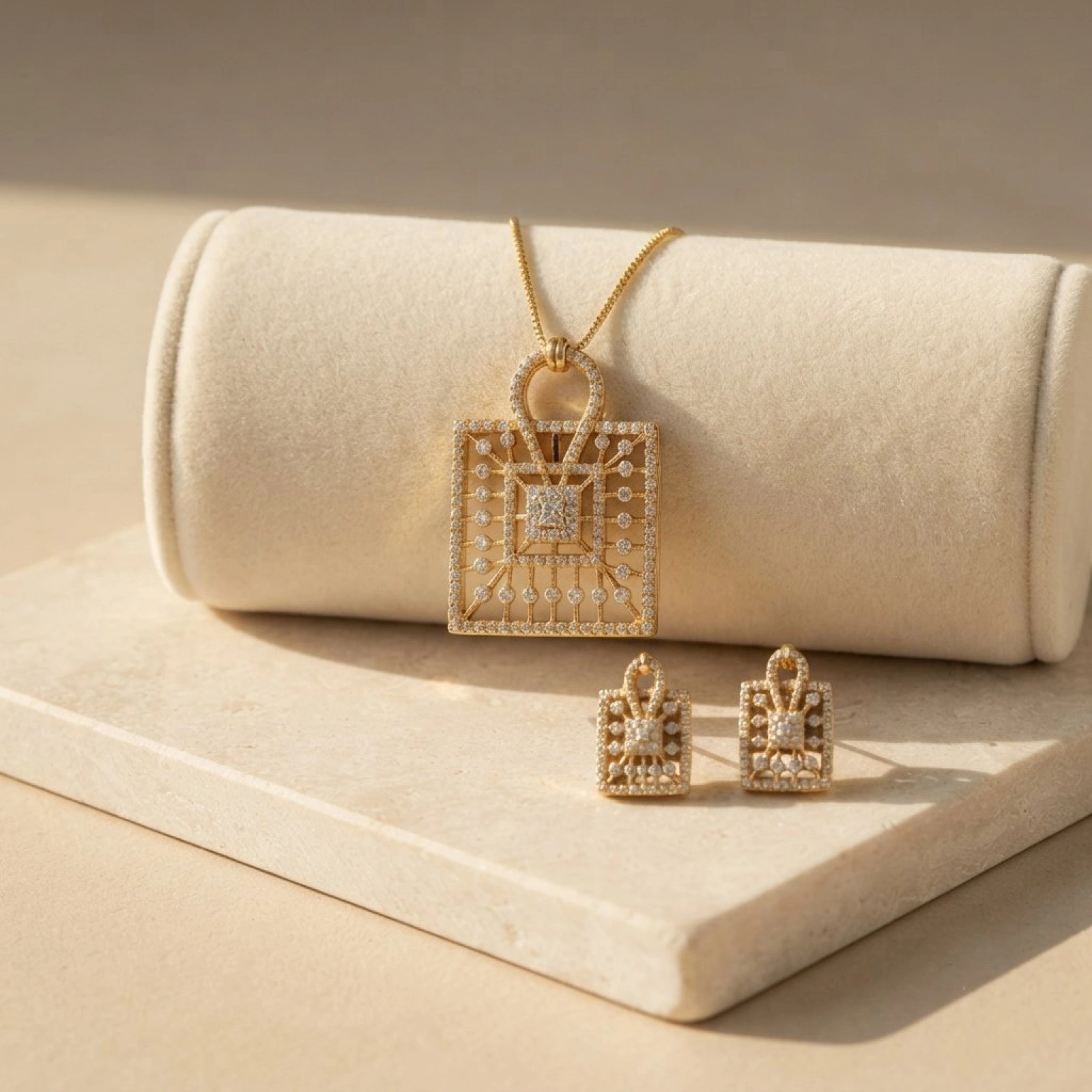 Diamond-Encrusted Gold Pendant & Stud Earring Set