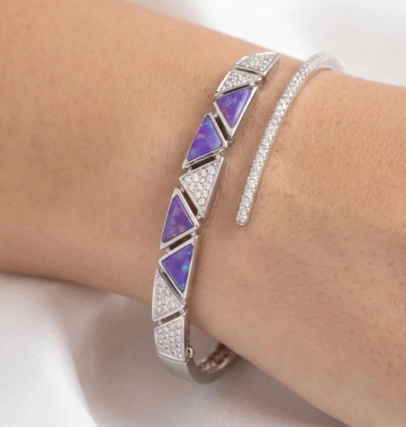 Silver Blue Opal Geometric Triangle Bangle