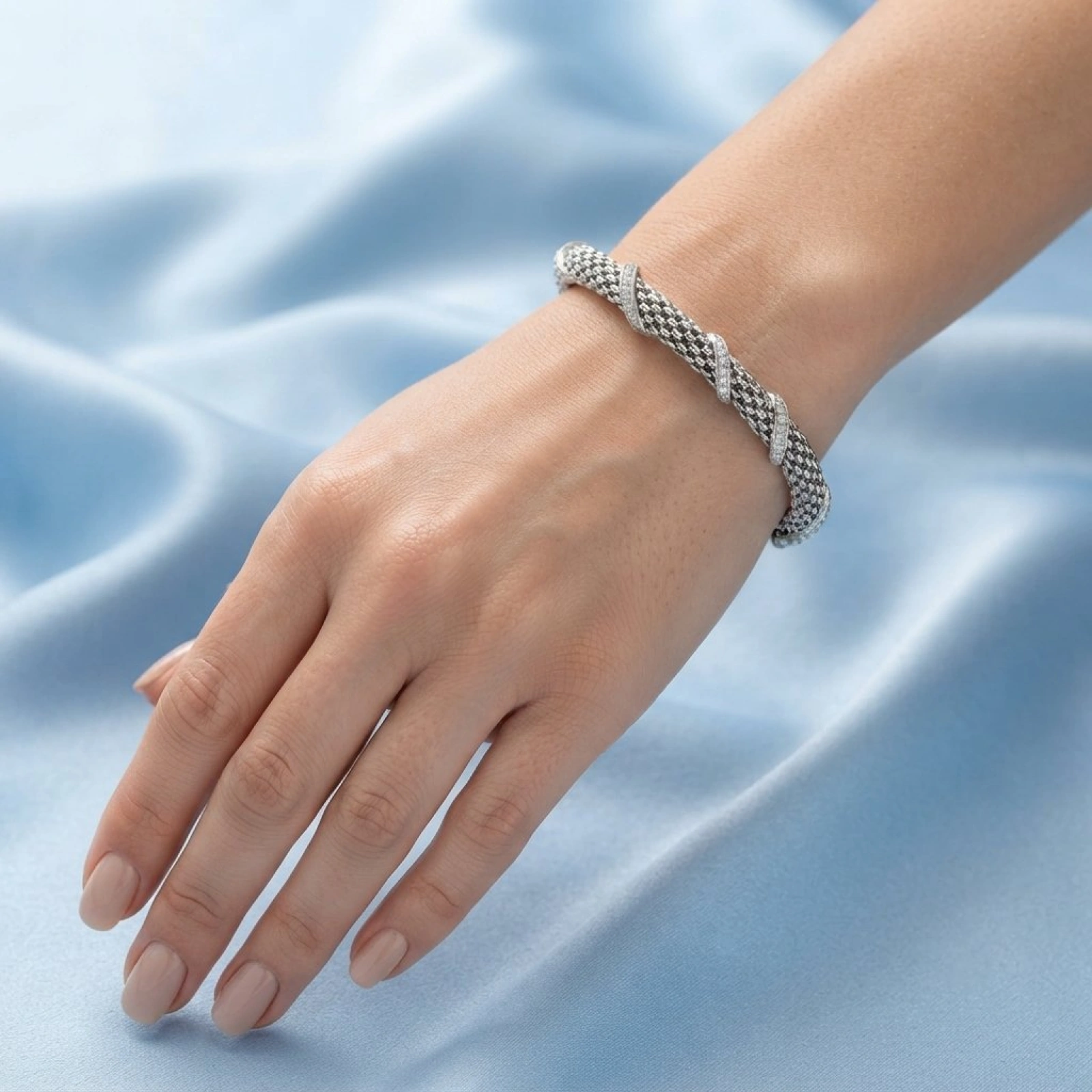 Sterling Silver Textured Mesh CZ Bracelet