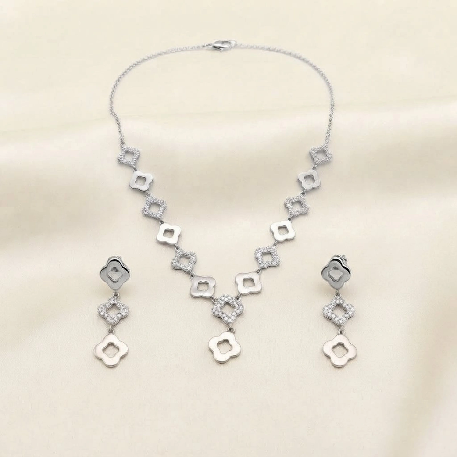 Silver Clover Necklace and Earrings Set