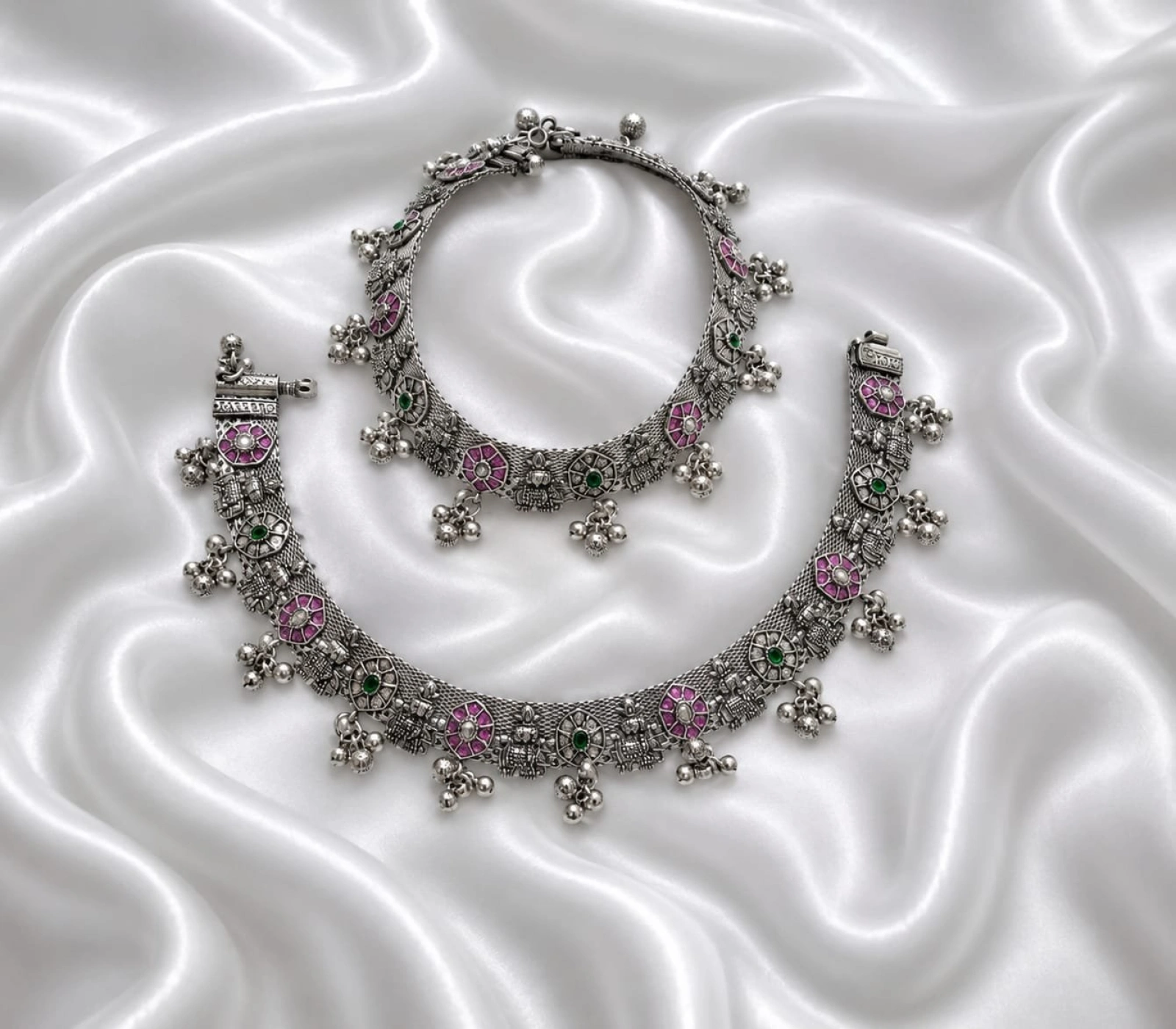 Traditional Oxidised Silver Floral Enamel Payal Set