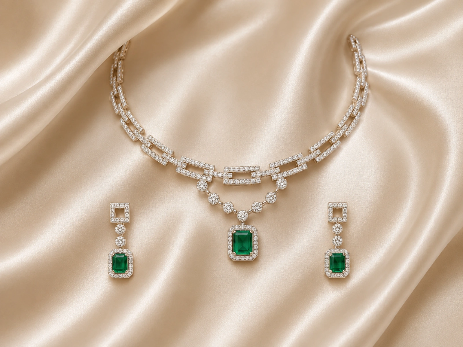Diamond Green Emerald Women’s Half Set – Necklace & Earrings