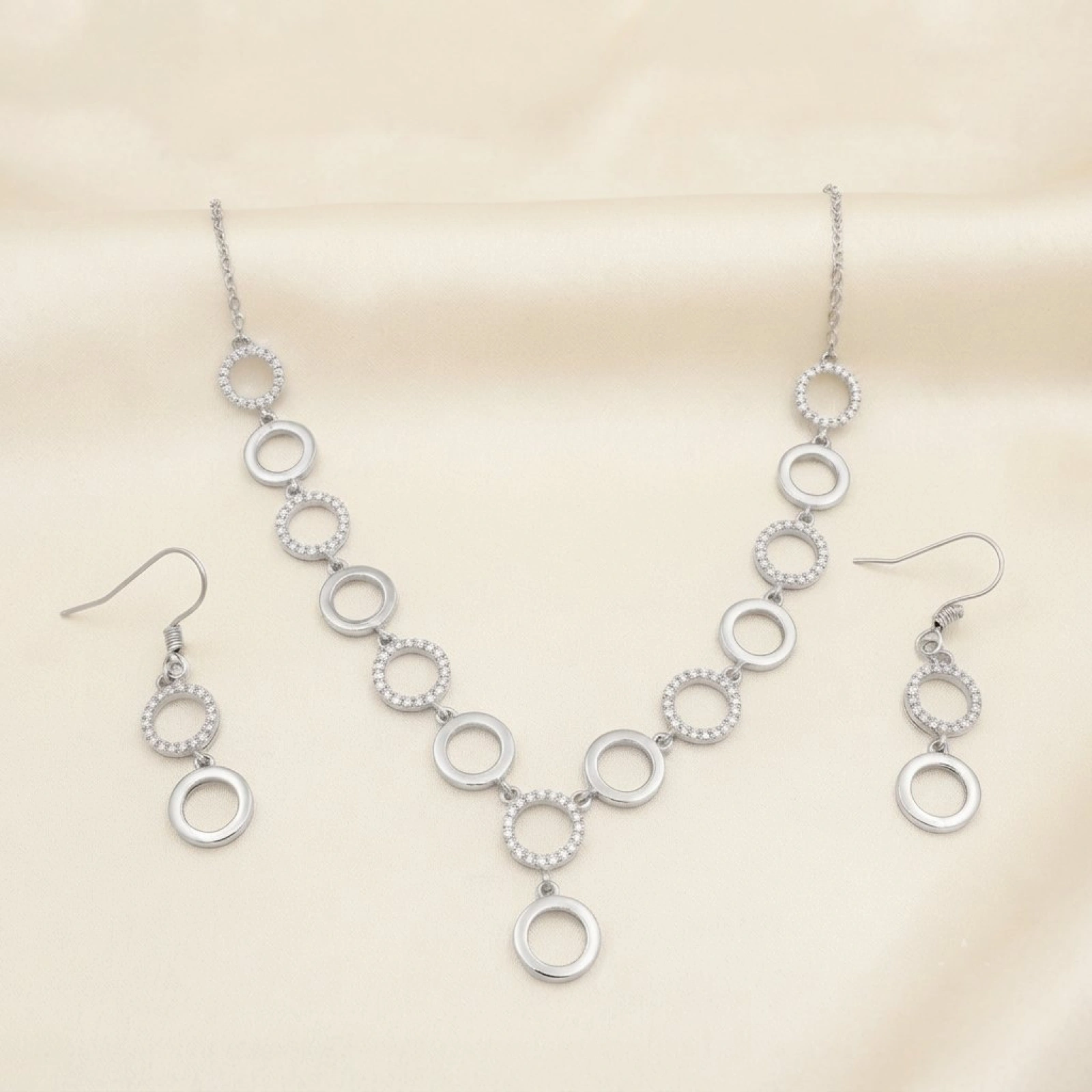 Silver Cubic Zirconia Circle Link Necklace and Earrings Set