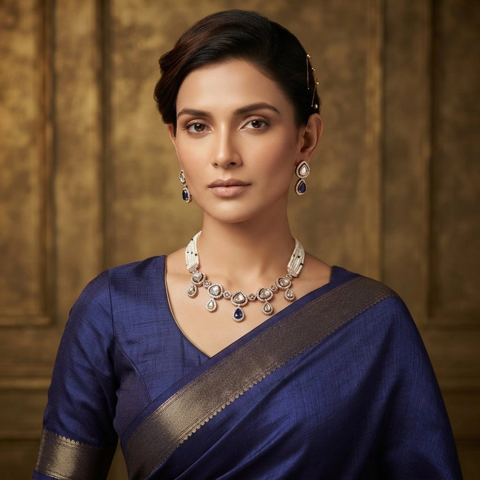 Elegant Kundan & Pearl Choker Necklace Set with Blue Accent Stones
