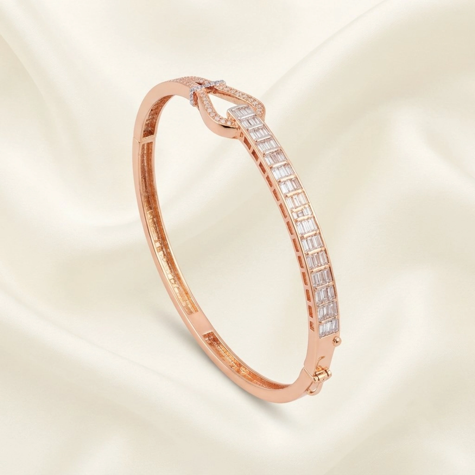 Heart-Motif Baguette Rose Gold Bangle