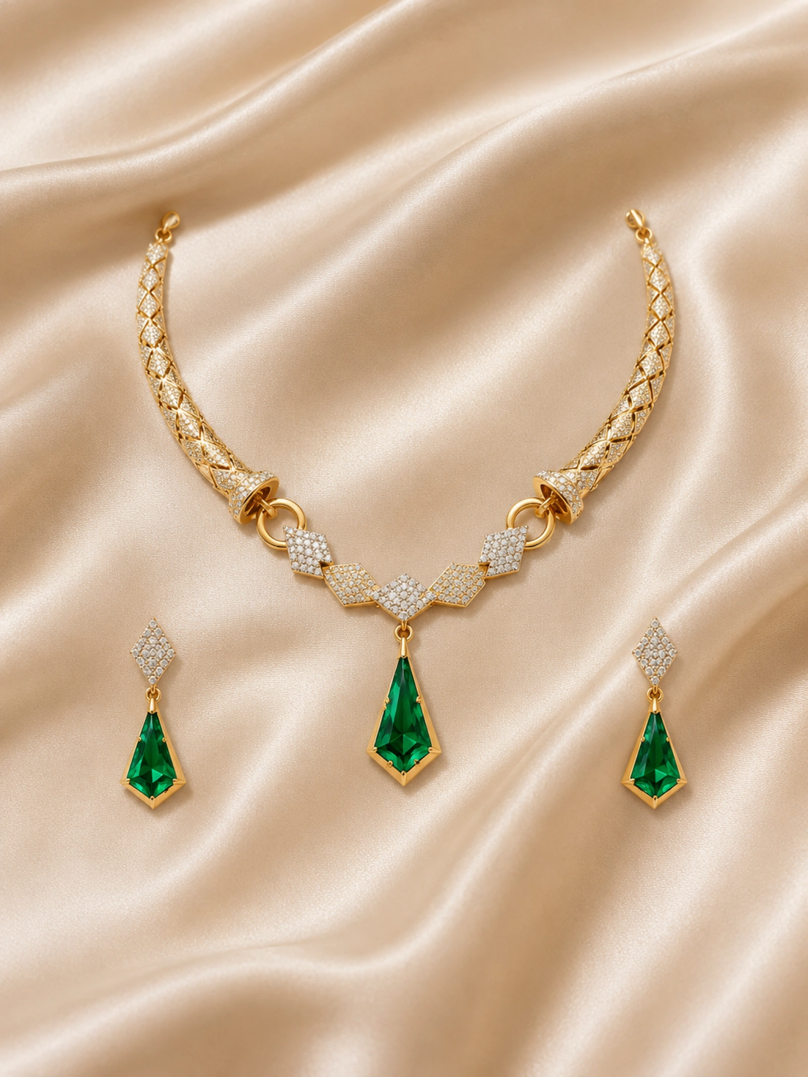 Gold Diamond Green Emerald Women’s Half Set – Necklace & Earrings