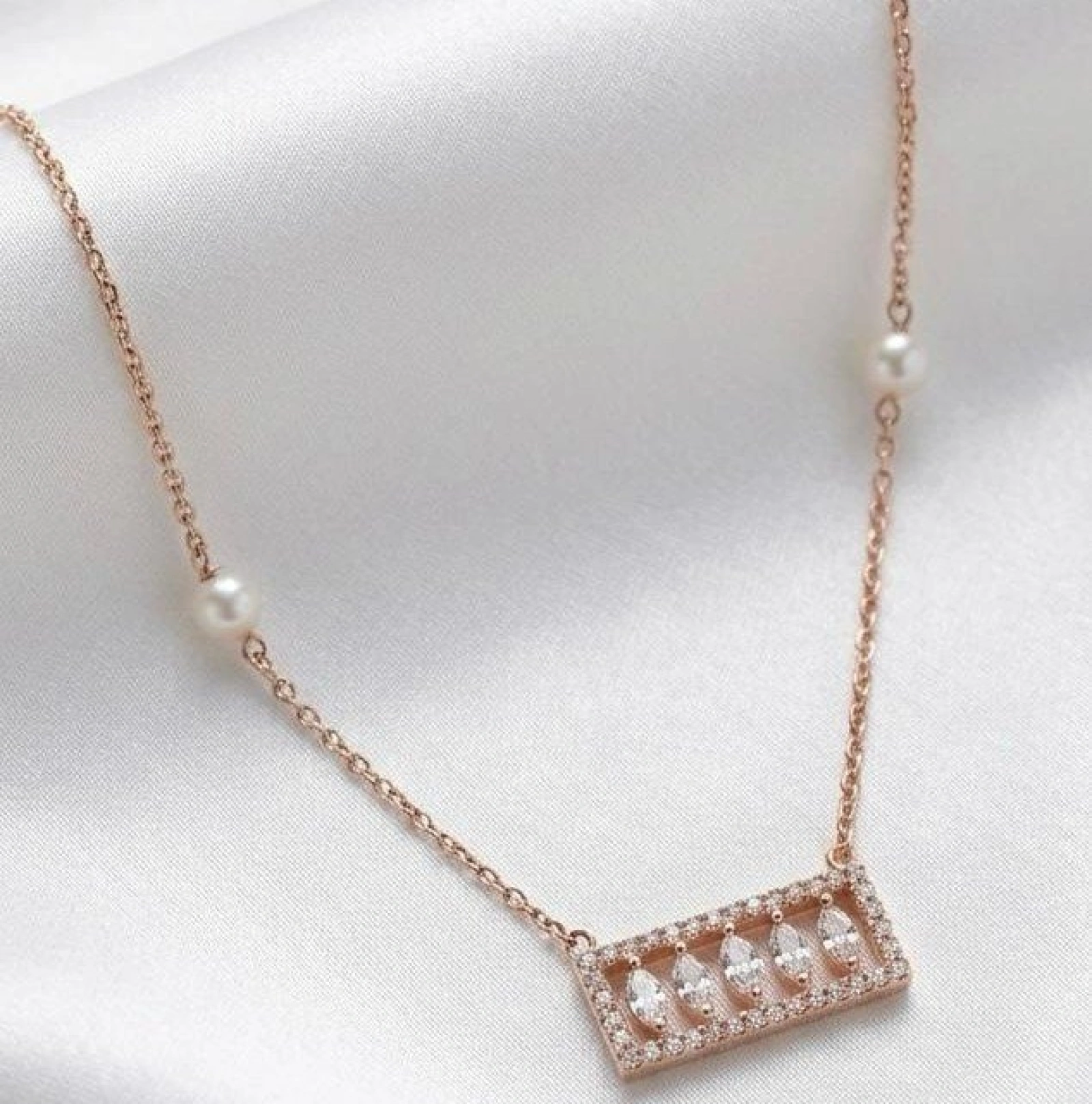 Rose Gold Marquise Stone & Pearl Accent Necklace