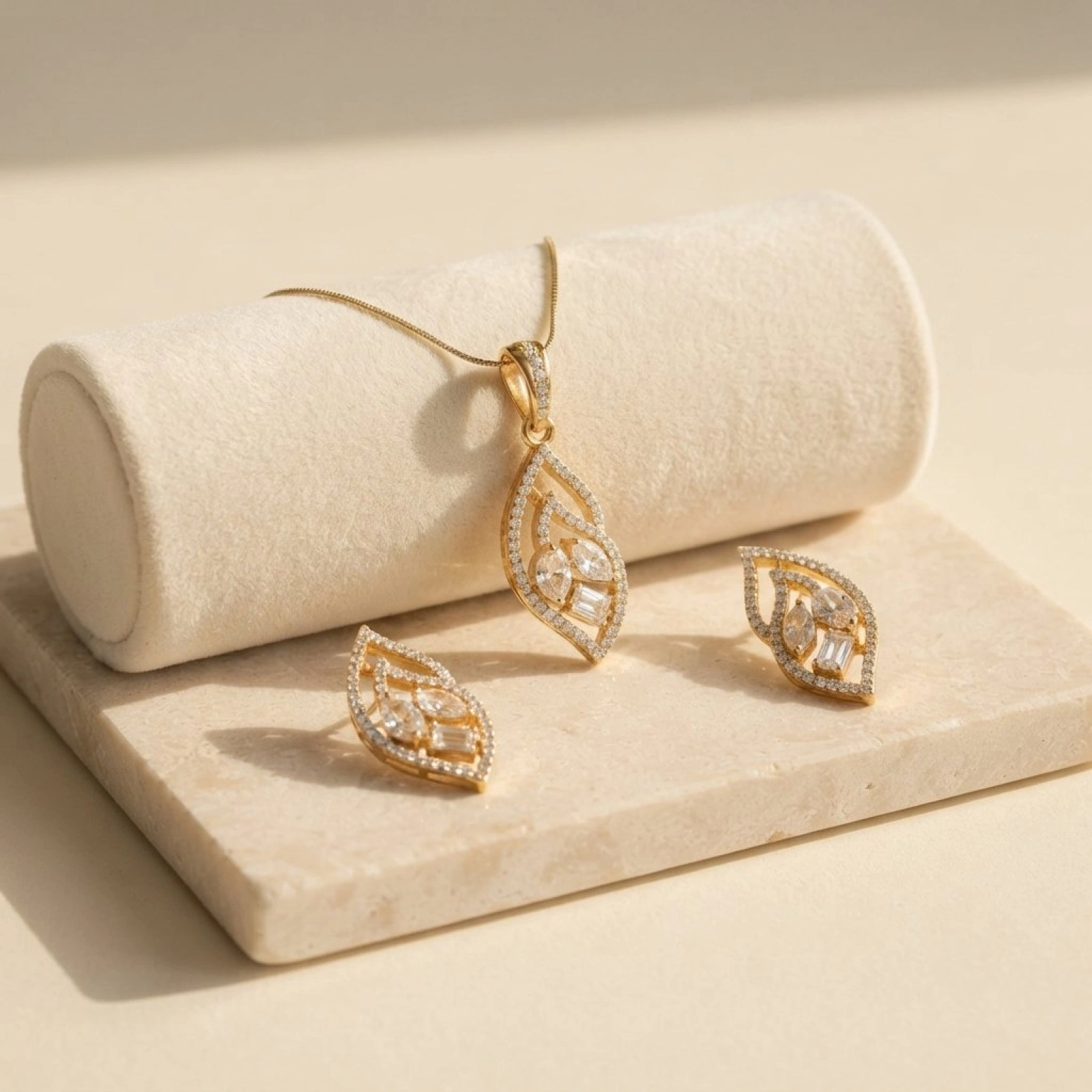 Elegant Leaf-Motif Diamond Pendant Set
