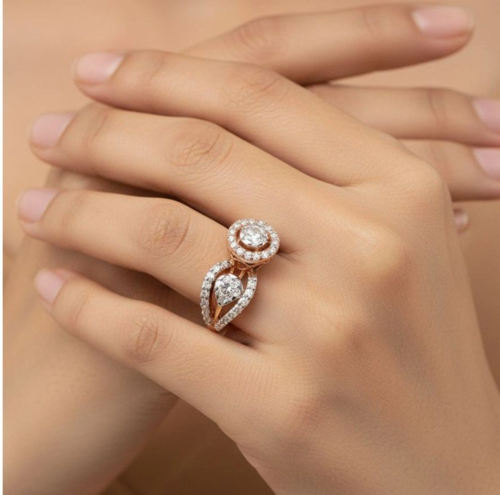 Rose Gold Diamond Halo & Leaf Cluster Ring