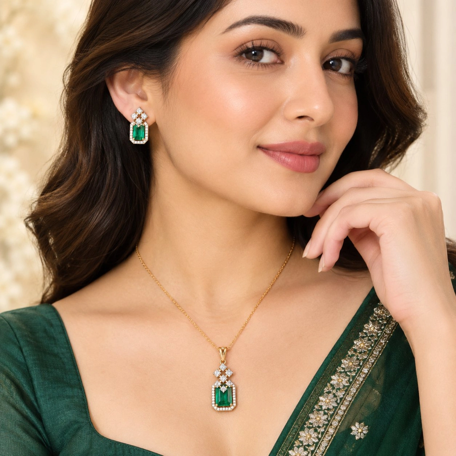Regal Emerald and Diamond Pendant & Earring Set