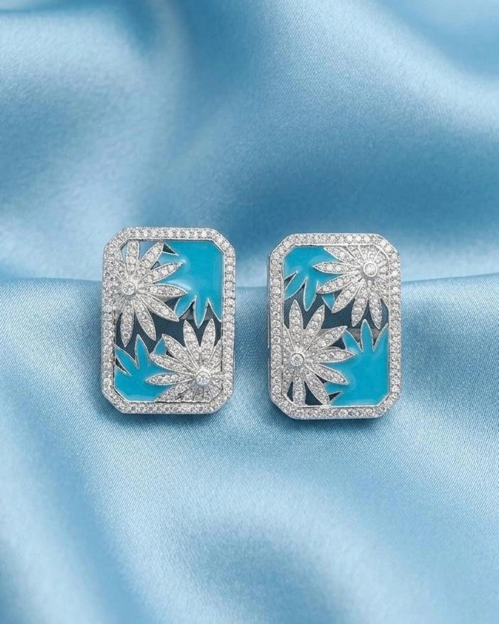 Sterling Silver Floral Enamel CZ Earrings