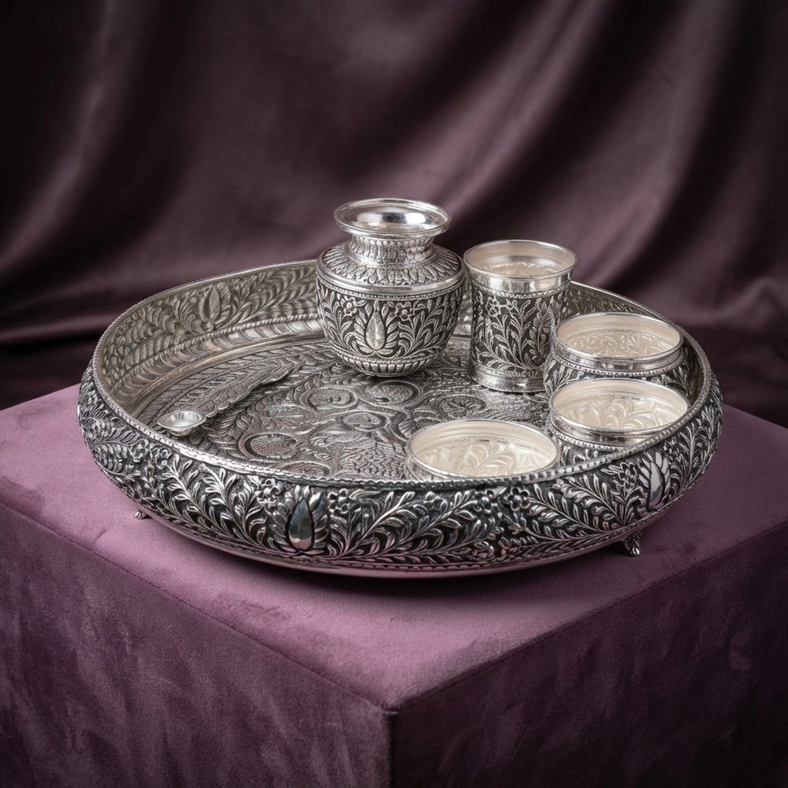 Intricate Floral Engraved 925 Silver Thali Set