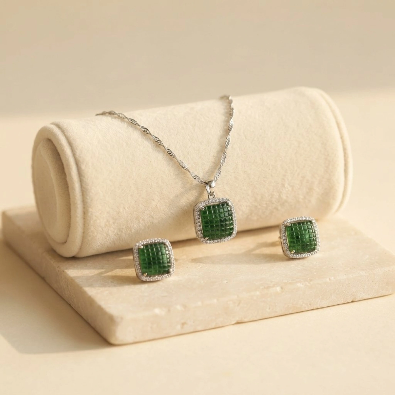 Emerald-Grid Cushion Cut Silver Jewelry Set