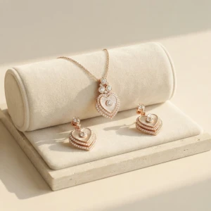 Title: Diamond Heart Charm Pendant & Earring Set Main View
