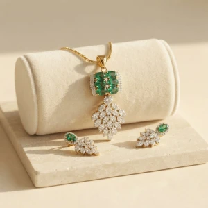 Emerald and Diamond Leaf Pendant & Earring Set Main View