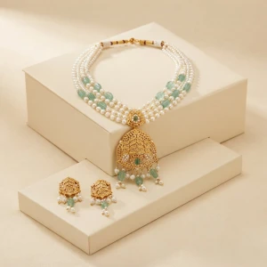 Traditional Gold Pearl and Mint Green Beaded Necklace Set Main View