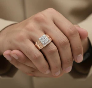 Men's Rose Gold Diamond Cluster Signet Ring Main View