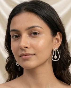 Sterling Silver Organic Frame Pearl Drop Earrings Main View