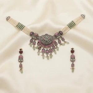 Oxidized Silver Pink & Green Stone Choker Set with Pearl Strands Main View