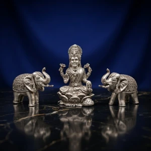 925 Silver Lakshmi Idol with Elephant Pair Main View
