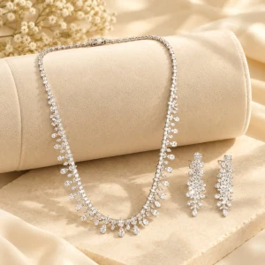 Cascading Pear-Cut Silver Choker and Earring Set Main View