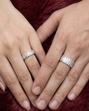 Silver Textured & Ribbed Edge Unisex Couple Rings Set Main View