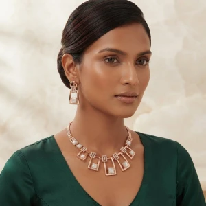 Rose Gold Geometric Mother-of-Pearl Necklace & Earring Set Gallery View