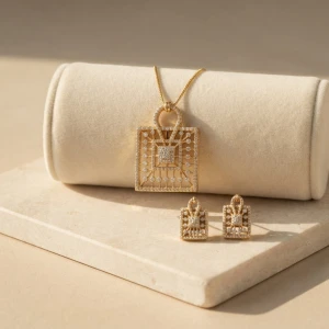 Diamond-Encrusted Gold Pendant & Stud Earring Set Main View