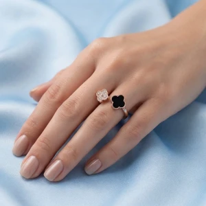 Silver Dual Clover Black & Pavé Ring Main View