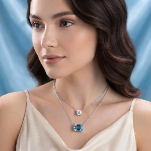 Sterling Silver Layered Blue Aquamarine CZ Necklace Gallery View