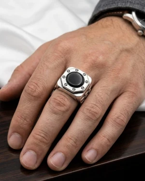 Bold Screw-Accent Black Stone Men's Ring Main View