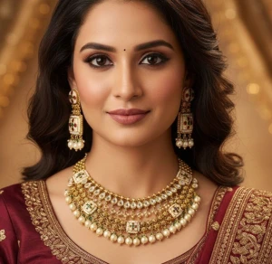 Traditional Gold Meenakari and Pearl Necklace Set Main View