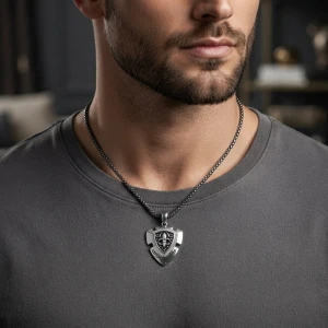 Men's Sterling Silver Fleur-de-Lis Shield Pave Pendant Main View