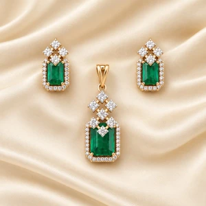Regal Emerald and Diamond Pendant & Earring Set Gallery View