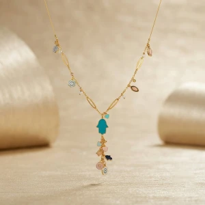 Elegant Gold Multicolor Hamsa Charm Necklace Main View