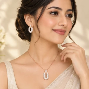 Pavé Oval Diamond Pendant and Earrings Set Gallery View