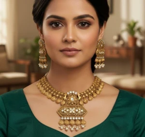 Traditional Antique Gold Kundan Necklace and Earrings Set Main View