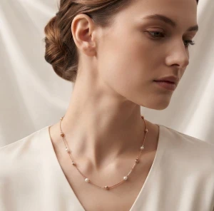 Rose Gold Beaded & Pearl Chain Necklace Gallery View